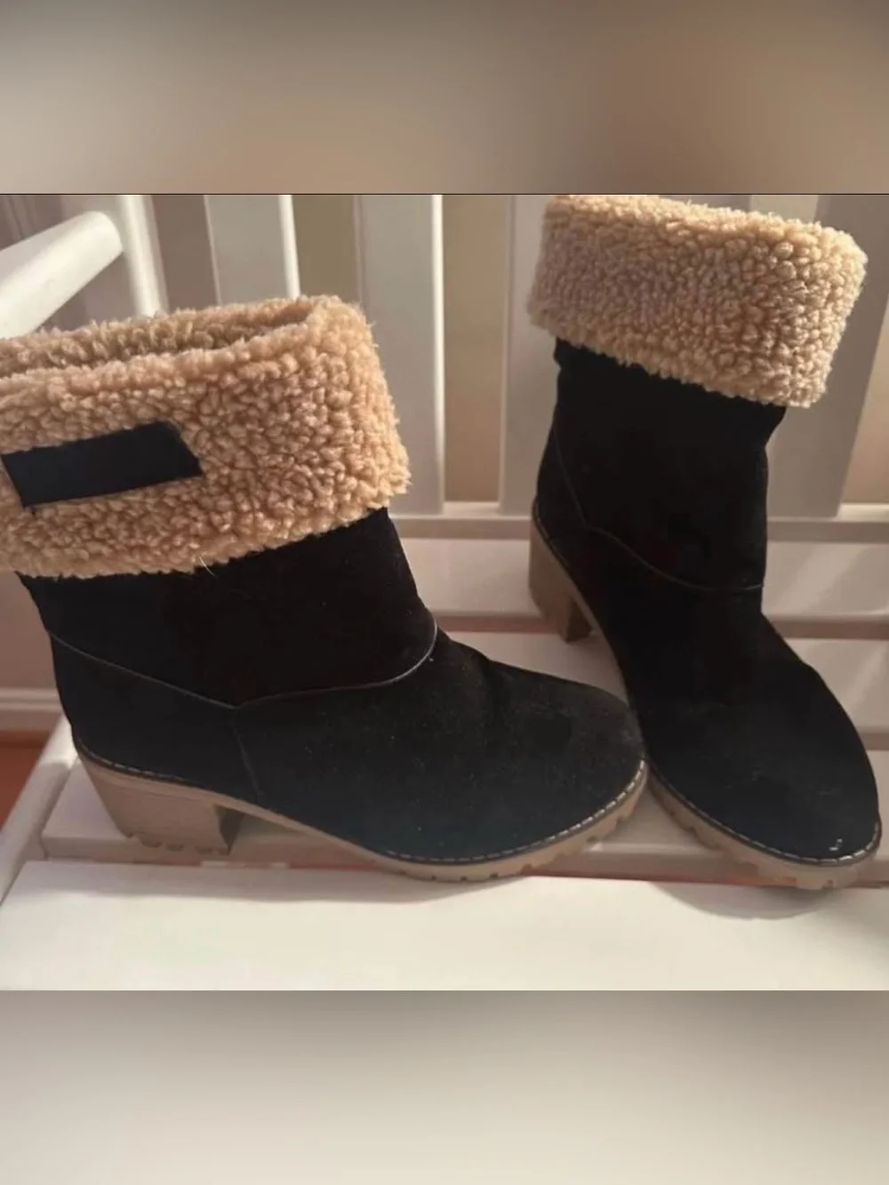 Women's Black Suede Ankle Boots with Shearling Cuff
